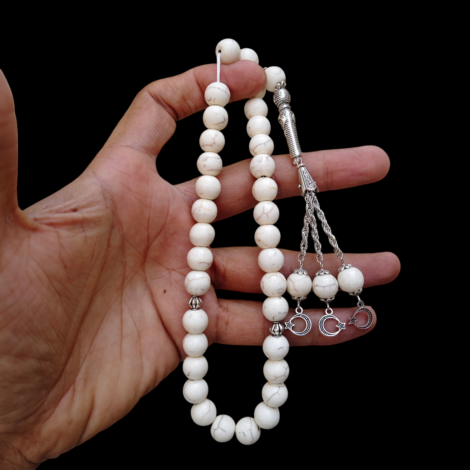 feroza white stone tasbeeh 33 beads 10mm size chain work